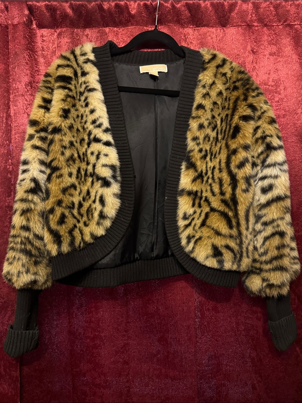 Michael Kors Leopard-Print Faux Fur Cropped Jacket with Black Trim